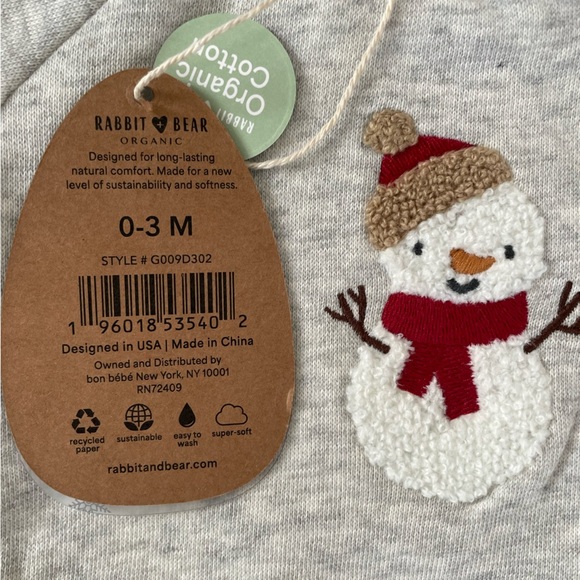 Rabbit and Bear Organic Cotton 2-Piece Outfit, Baby 0-3 Months, Winter Snowman - Picture 4 of 8